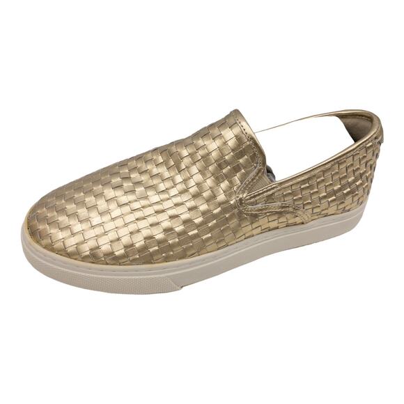 J/SLIDES Shoes - J/Slides Gold Metallic Justine Leather basket weave Sneakers 9.5